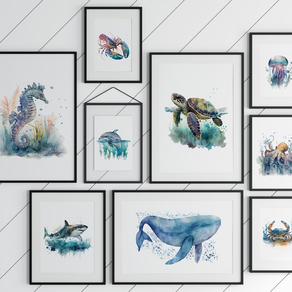 Set of 9 Wonderful Sea Creatures, Marine life poster, whales and dolphin, Fun Marine life prints, Printable Under the Sea watercolor Print.