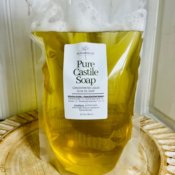 Pure Concentrated Castile Olive Oil Soap, 32 oz pouch, All-Natural, Biodegradable, Eco-friendly packaging