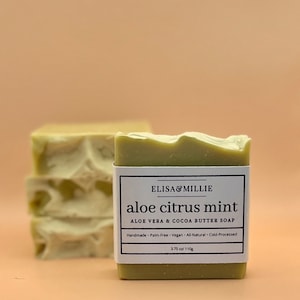 Aloe Vera + Cocoa Butter Soap, Aloe Citrus Mint, soothing, extra moisturizing sunburn relief, sun poisoning, shave bar, Handmade, Natural