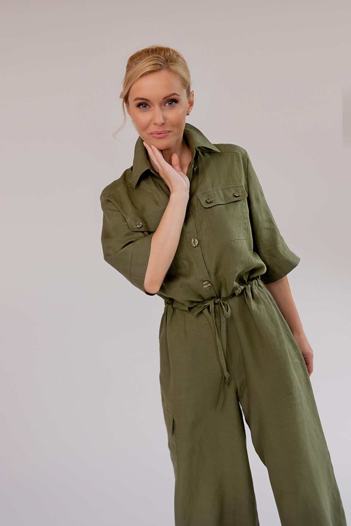Jumpsuit Woman Vintage Wide Leg Jumpsuit Khaki Color Military Style