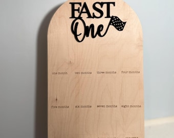 Fast One Photo Board: Racing 1st Birthday, Laser Engraved Wood
