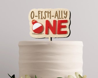 Rustic Fishing 1st Birthday Cake Topper: Engraved Wood & Acrylic