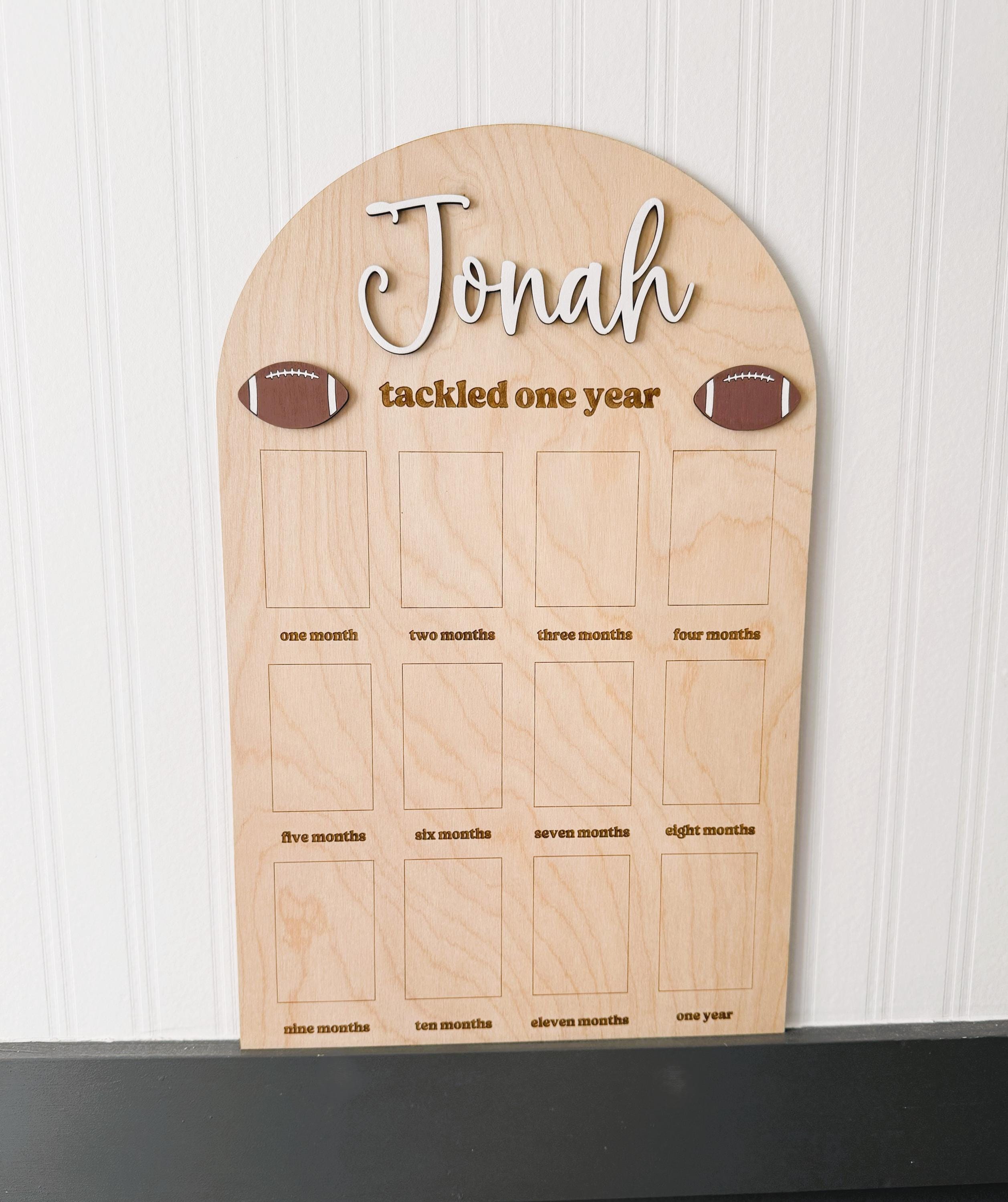 Personalized Wooden Football Milestone Board: 1st Birthday Photo Display