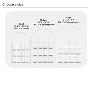 May include: Three arched photo display boards with text labels for months one through twelve. Small: 18.7" L x 11.7" W for 2" x 3" photos. Medium: 20" L x 14" W for 3" x 3" photos. Large: 24" L x 18" W for 4" x 4" square photos.