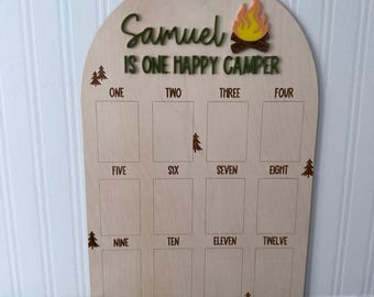 One Happy Camper First Birthday Photo Board - Camping Theme, Fits Wallet Size Photos, Milestones