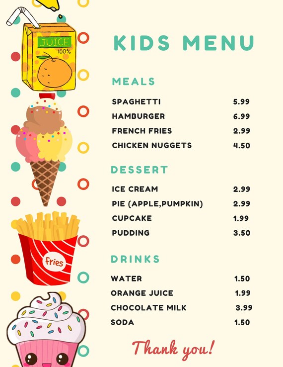 Kids Pretend Food Menu Printable Kids Menu Playset / - Etsy