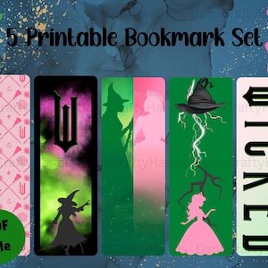 Puede incluir: Un conjunto de cinco marcadores imprimibles con temática de brujas. Los marcadores presentan siluetas de brujas, sombreros de bruja y la palabra "WICKED". La paleta de colores incluye rosa, verde, negro y blanco. El texto "5 Printable Bookmark Set" está en la parte superior.