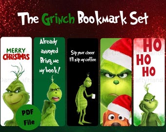 Puede incluir: Un conjunto de cinco marcapáginas con temática de El Grinch. Cada marcapáginas presenta una imagen diferente de El Grinch con varias citas y frases, incluyendo "Merry Christmas" y "Ho Ho Ho". Los marcapáginas son verdes, rojos y blancos.