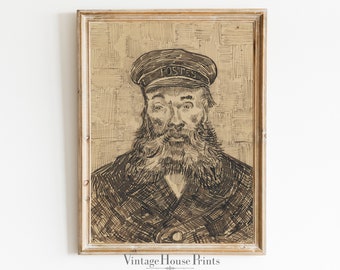 May include: A framed vintage print featuring a sepia-toned portrait of a man with a long beard and a hat. The hat has the word "POSTES" on it. The artwork has a textured background and is in a gold-colored frame.