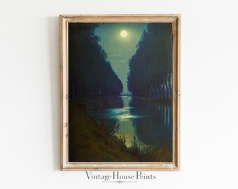 May include: A framed vintage print depicts a moonlit river scene. The artwork features a dark, moody color palette with a full moon illuminating the water and trees. The frame is a light, distressed wood. The text "Vintage House Prints" is at the bottom.