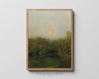 Moody Landscape Painting, 1800's, Vintage Painting, Digital Download, Farmhouse, Wall Decor, Sunrise
