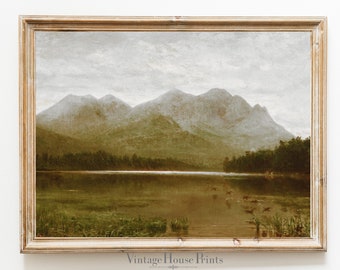 Lake and Mountains Vintage Landscape Painting Digital Download, Landscape, Wall Art, Home Decor, Farmhouse,1800's