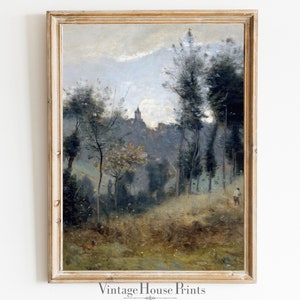 Vintage Blue and Gold Landscape Oil Painting, 1800's, Home Decor, Wall Art, Digital Download, Digital Print, Farmhouse