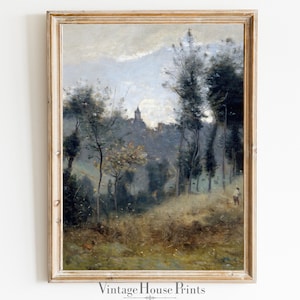 Vintage Blue and Gold Landscape Oil Painting, 1800's, Home Decor, Wall Art, Digital Download, Digital Print, Farmhouse