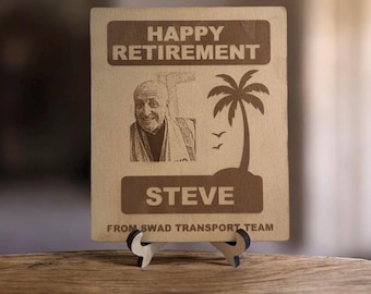 Placa de regalo de jubilación personalizada – Recuerdo con foto grabada a medida – Letrero de madera de jubilación con nombre y mensaje