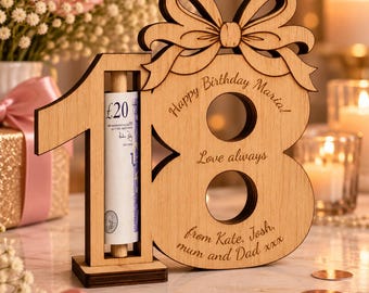 Personalised Birthday Money Holder, Wooden Cash Gift, Custom Age Birthday Gift, Money Holder with Name & Message
