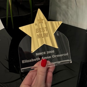 Trofeo de estrella de acrílico con espejo dorado grabado, premio personalizado