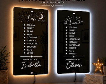 Personalised LED Affirmation Mirror, Moon & Stars or Sunshine Design, Custom Name Kids Bedroom Light, Birthday Gift