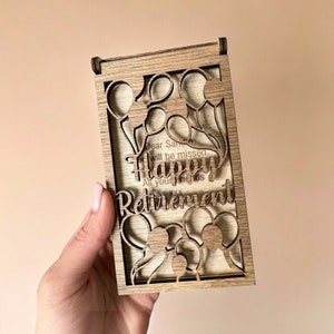 Porta-carteira personalizado para dinheiro de aposentadoria, presente personalizado para adultos, presentes exclusivos, último dia de trabalho, parabéns, feito à mão, madeira especial