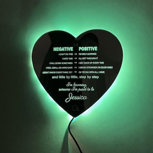 Può includere: Un'insegna a LED nera a forma di cuore con retroilluminazione verde. L'insegna presenta le parole "NEGATIVO" e "POSITIVO" con frasi ispiratrici. Il nome "Jessica" è scritto in corsivo in basso. Un cavo di alimentazione si estende dal basso.