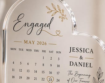 Letrero acrílico personalizado en forma de corazón para compromiso, recuerdo de calendario personalizado, regalo con nombre y fecha de la pareja, decoración de escritorio de acrílico transparente, regalo de boda