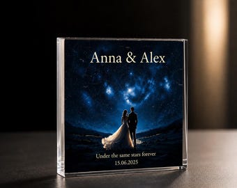 Bloque acrílico personalizado con mapa estelar - Placa personalizada para parejas con el cielo nocturno, Bajo las mismas estrellas, Regalo de boda y aniversario 10 x 10 cm