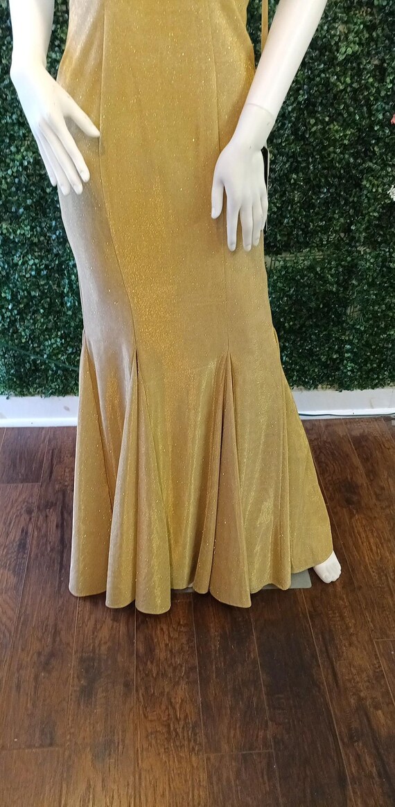 collete Mon Cheri gold mermaid prom dress