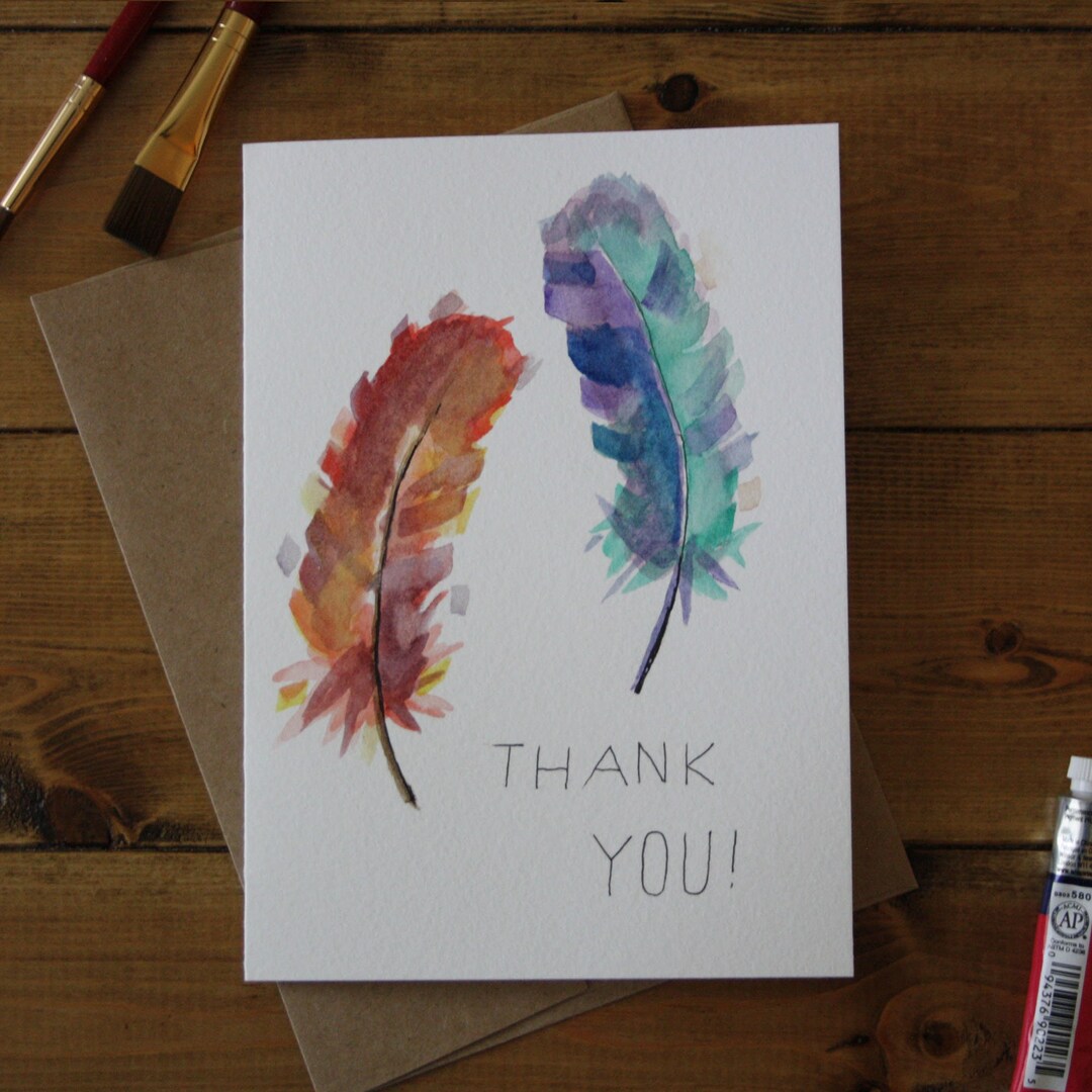 Hand Painted Original Watercolor Card, NOT A PRINT, Feathers, Thank You ...
