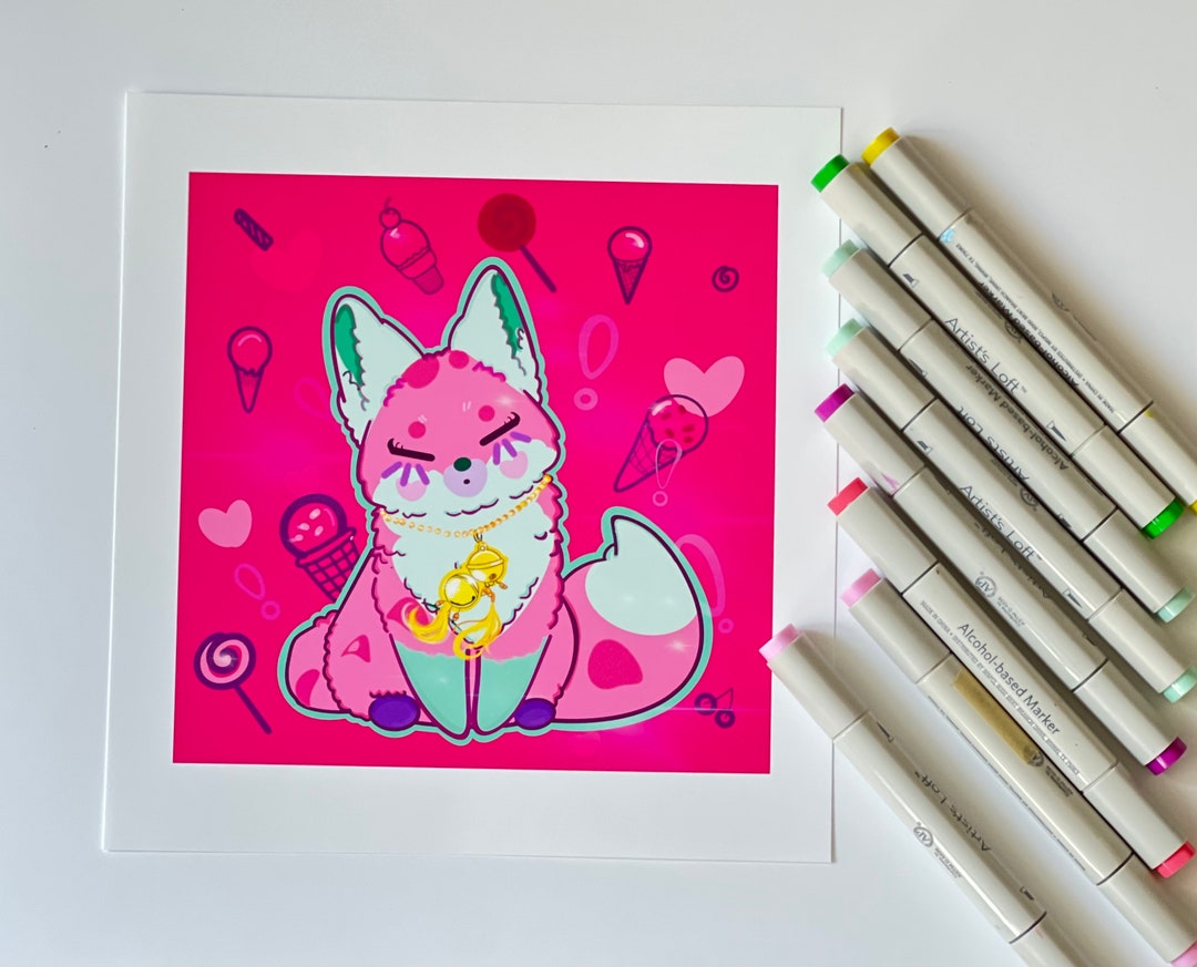 Raspberry&mint Kitsune, Fox Print, Dessert, Ice Cream, Kawaii Art, Cute
