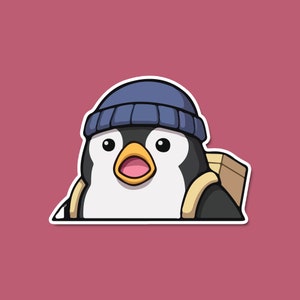 May include: A sticker featuring a cartoon penguin with a blue beanie and a backpack. The penguin has a black and white body, a yellow beak, and a pink mouth. The sticker has a white border and is set against a maroon background.