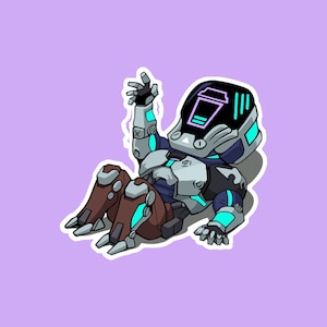 Könnte beinhalten: Eine Cartoon-Illustration eines Roboters mit einem schwarz-weißen Helm, blauen und weißen Akzenten und braunen Beinen. Der Roboter liegt auf dem Rücken mit einem erhobenen Arm.