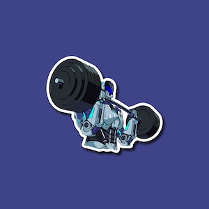 Könnte beinhalten: Ein weißer und blauer Roboter mit einem schwarzen Helm hebt eine Langhantel mit zwei schwarzen Gewichten. Der Roboter trägt einen schwarzen Gürtel und hat einen muskulösen Körperbau.