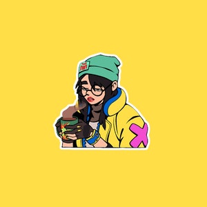 May include: A cartoon illustration of a person wearing a green beanie with a red logo, yellow jacket, and blue gloves, holding a green mug with steam coming out of it.