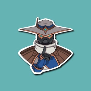 May include: A cartoon illustration of a masked figure wearing a wide-brimmed hat and a brown coat. The figure is holding up one finger to their lips, as if to signal silence.