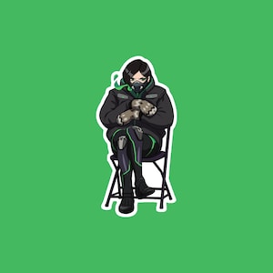 May include: A cartoon illustration of a person wearing a black jacket, green trousers, and a black mask sitting on a folding chair.