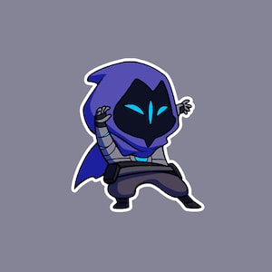 Könnte beinhalten: Eine Cartoon-Illustration einer lilafarbenen, verhüllten Figur mit leuchtend blauen Augen. Die Figur befindet sich in einer Kampfpose mit ausgestreckten Armen.