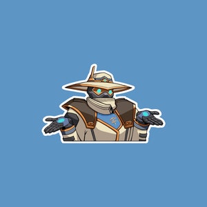 May include: A cartoon illustration of a robot wearing a white and brown cowboy hat and a white coat with blue accents. The robot has a blue face mask and blue glowing eyes. The robot is holding out its hands, as if to say "what?"