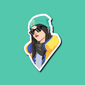May include: A cartoon illustration of a woman wearing a teal beanie, black pixelated sunglasses, and a yellow and blue jacket. The woman has long black hair and a serious expression.