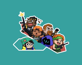 Puede incluir: Una ilustración digital de un grupo de personajes de dibujos animados. Los personajes sostienen armas y están en una pose de lucha. Los personajes llevan todos atuendos diferentes y tienen diferentes peinados. El fondo es de un color azul sólido.