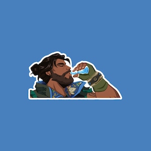 May include: A cartoon illustration of a man with brown hair and a beard drinking from a blue bottle. He is wearing a green and blue shirt with a floral pattern and a brown leather strap on his arm.