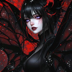 May include: Digital art of a woman with black hair and purple eyes, adorned with black wings and a red floral hairpiece. The background is a blend of red and black with white star-like accents, creating a gothic fantasy theme.