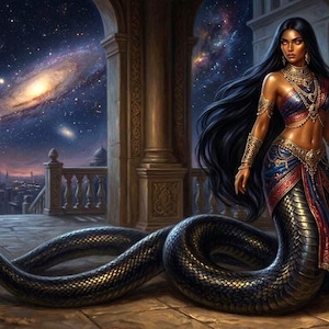 May include: Digital art of a woman with long black hair and gold jewelry, standing on a balcony with a snake tail. The background features a galaxy and a city skyline. The woman wears a blue and red outfit.