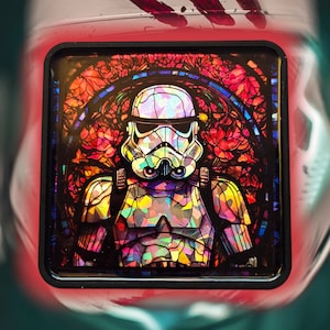 Holographic Storm trooper Coaster 3D printed and resin filled gift Handmade with cork