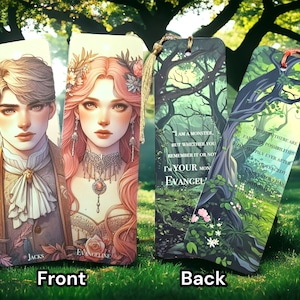 Pode incluir: Dois marcadores de página com ilustrações de um homem e uma mulher com uma citação sobre ser um monstro. O terceiro marcador de página apresenta uma cena de floresta com uma citação sobre as possibilidades. Os marcadores de página são todos dourados e têm um tassel.