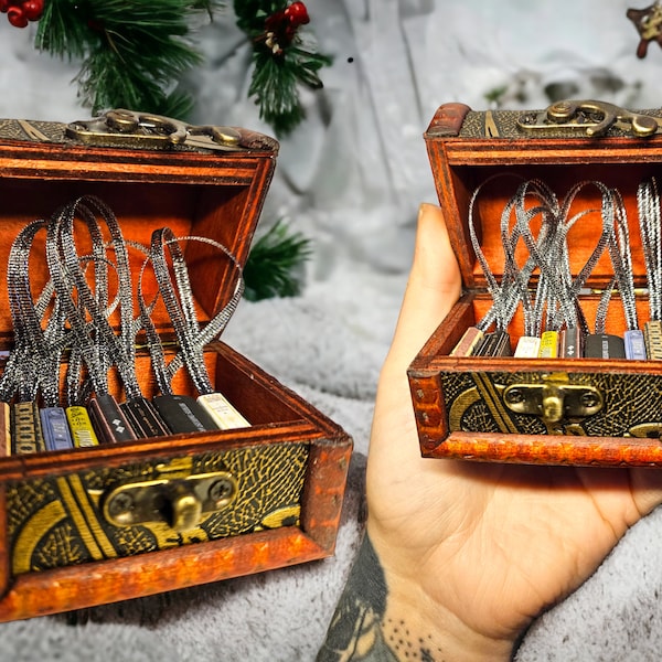 Miniatures 8 wizard books Christmas tree ornaments AND storage chest perfect Gift prop replica