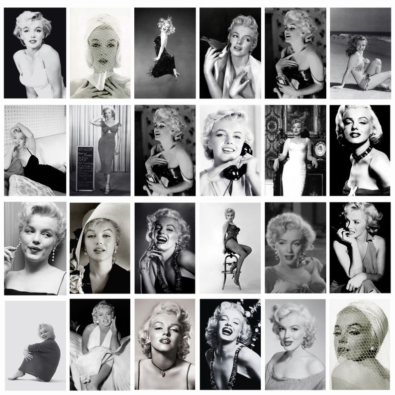 May include: A collage of 20 black and white photographs of a woman. The woman is wearing various outfits and poses in different settings.