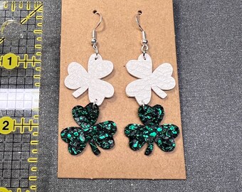 Dangling Shamrock Faux Leather Earrings, Green & White, Crackle, Lucky, St Patrick