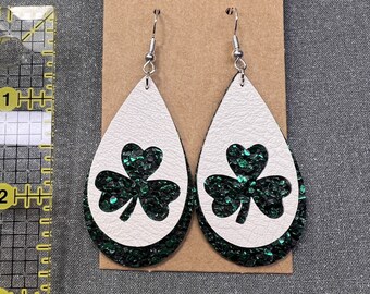 Shamrock Earrings | 1 Pair (Faux Leather / Teardrop / Double Layered / Lucky / St Patrick's Day)
