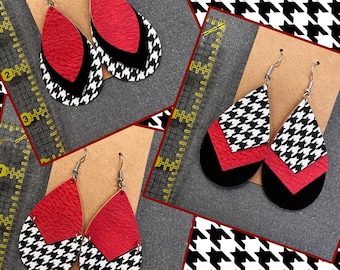 Crimson Tide Earrings: Houndstooth Faux Leather Dangle Earrings