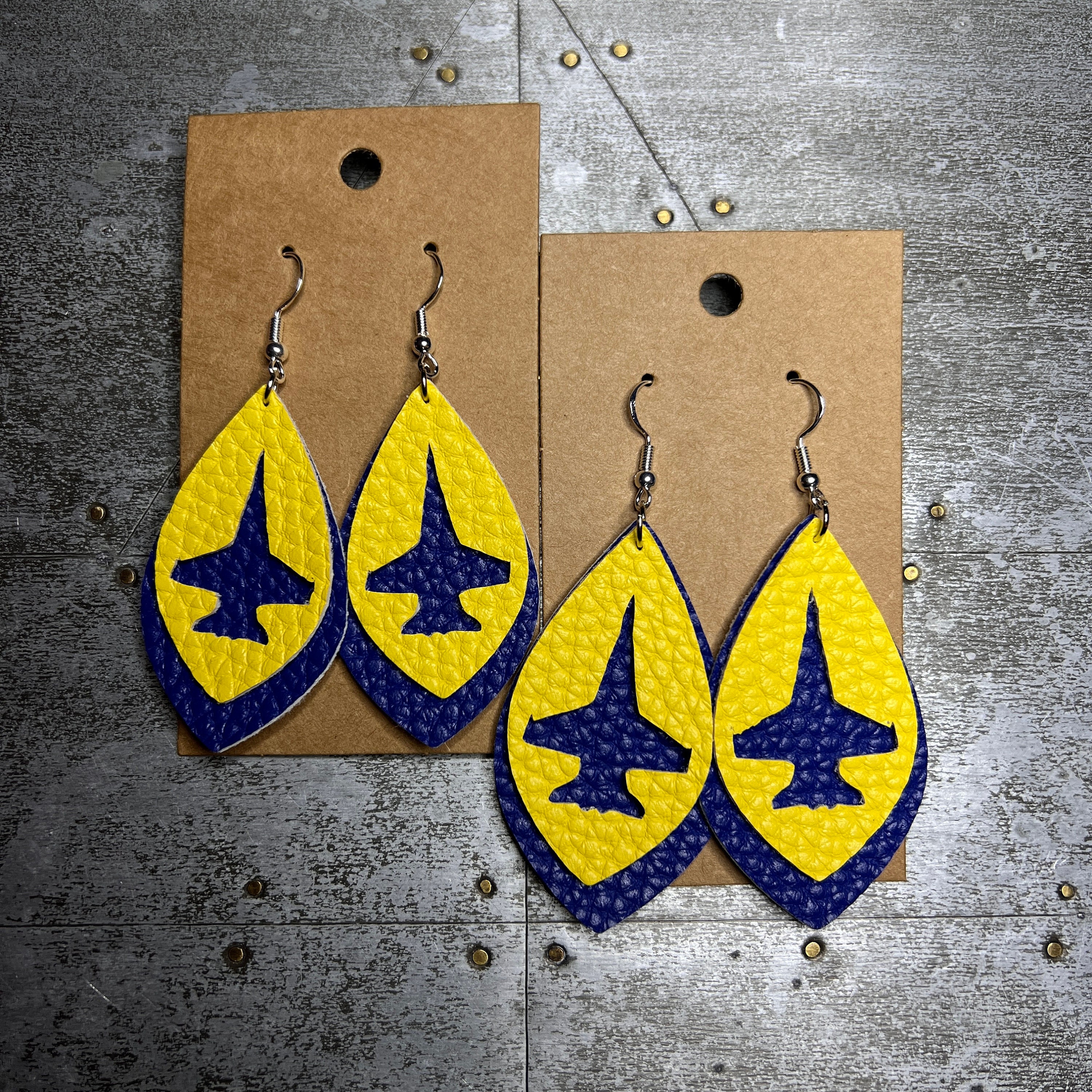 Blue Angel Faux Leather Earrings, Navy & Yellow, Fighter Jet, F/A-18 Hornet, F-18
